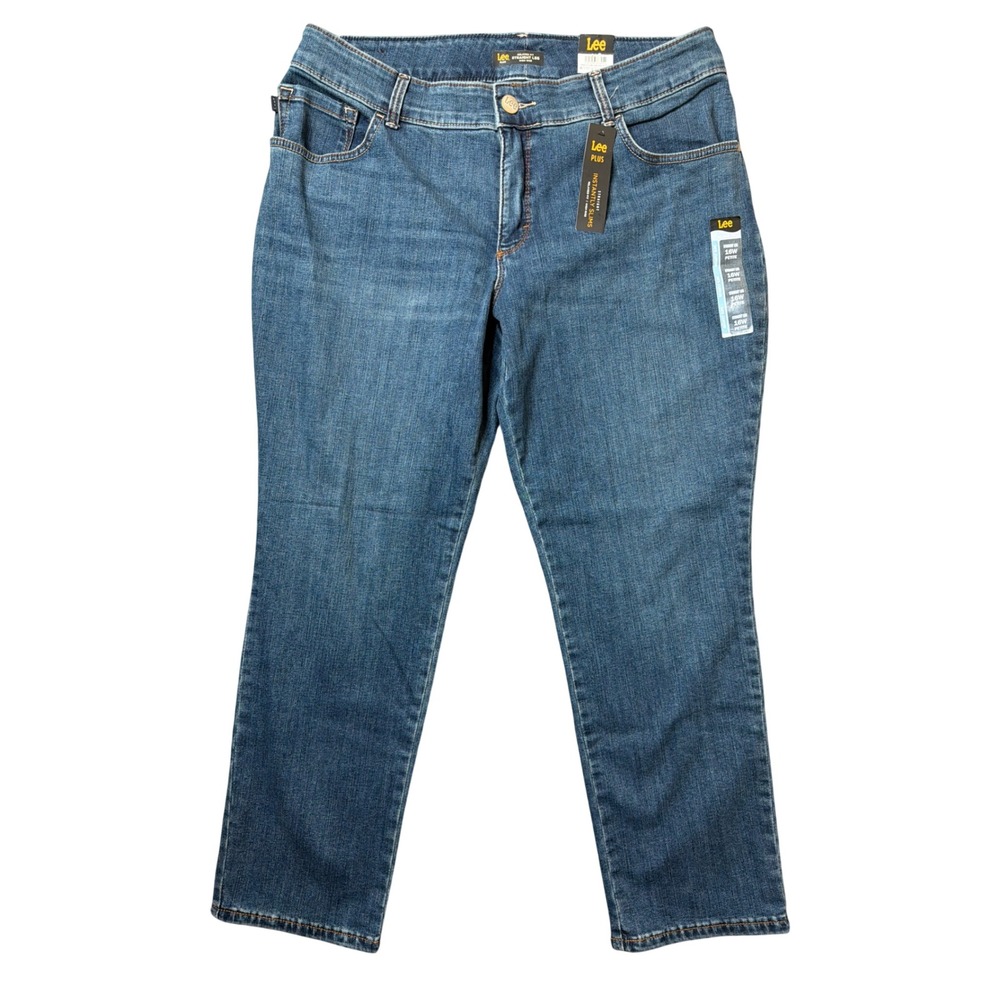 Lee Jeans Womens 16W Petite Instantly Slims Relaxed Straight Blue High Rise NEW